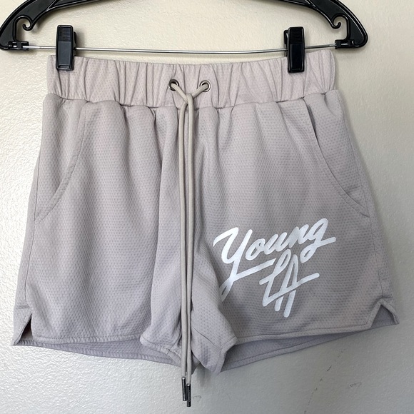 YoungLA Women's Athletic Tan with Large White Logo Shorts Size Small EUC - Picture 1 of 4